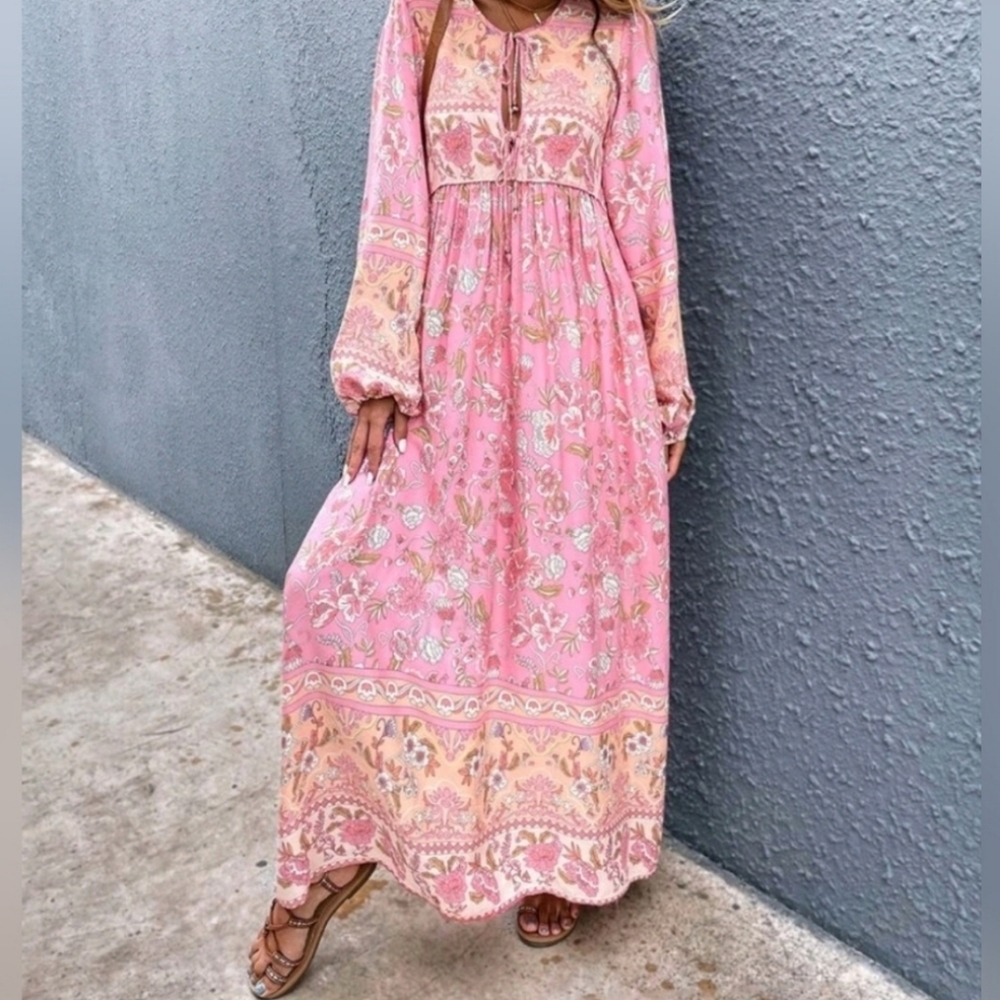 New Boho Cottage Floral Maxi Smock Dress Pink Yellow Tan White Green - Picture 4 of 8